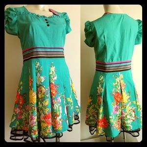 Aqua floral & ruffles spring/summer retro dress 👗